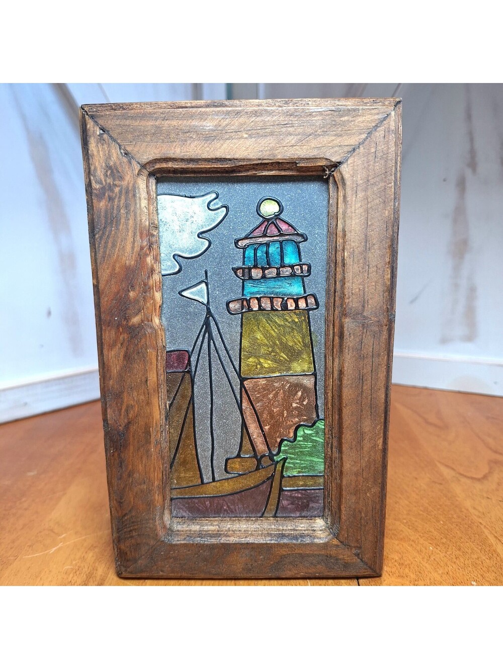 VTG Wooden Jewelry/Trinket/Keepsake Box Lighthouse Stained Glass Hinged Lid.